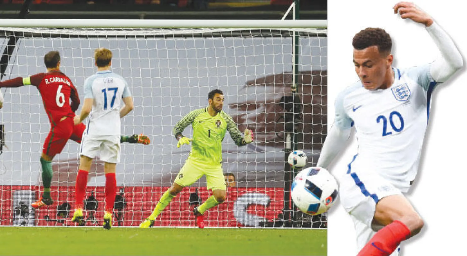 ديلي إيلي  ظهر غير مؤثر أمام البرتغال (رويترز) - في ظل عدم نجاعة الهجوم سجل المدافع سمولينغ (يسار) هدف الفوز لإنجلترا في مرمى البرتغال (أ.ب)
