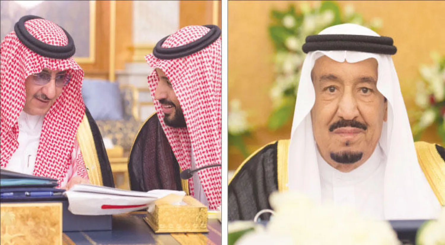 خادم الحرمين الشريفين وولي العهد وولي ولي العهد خلال جلسة مجلس الوزراء في جدة أمس (واس)