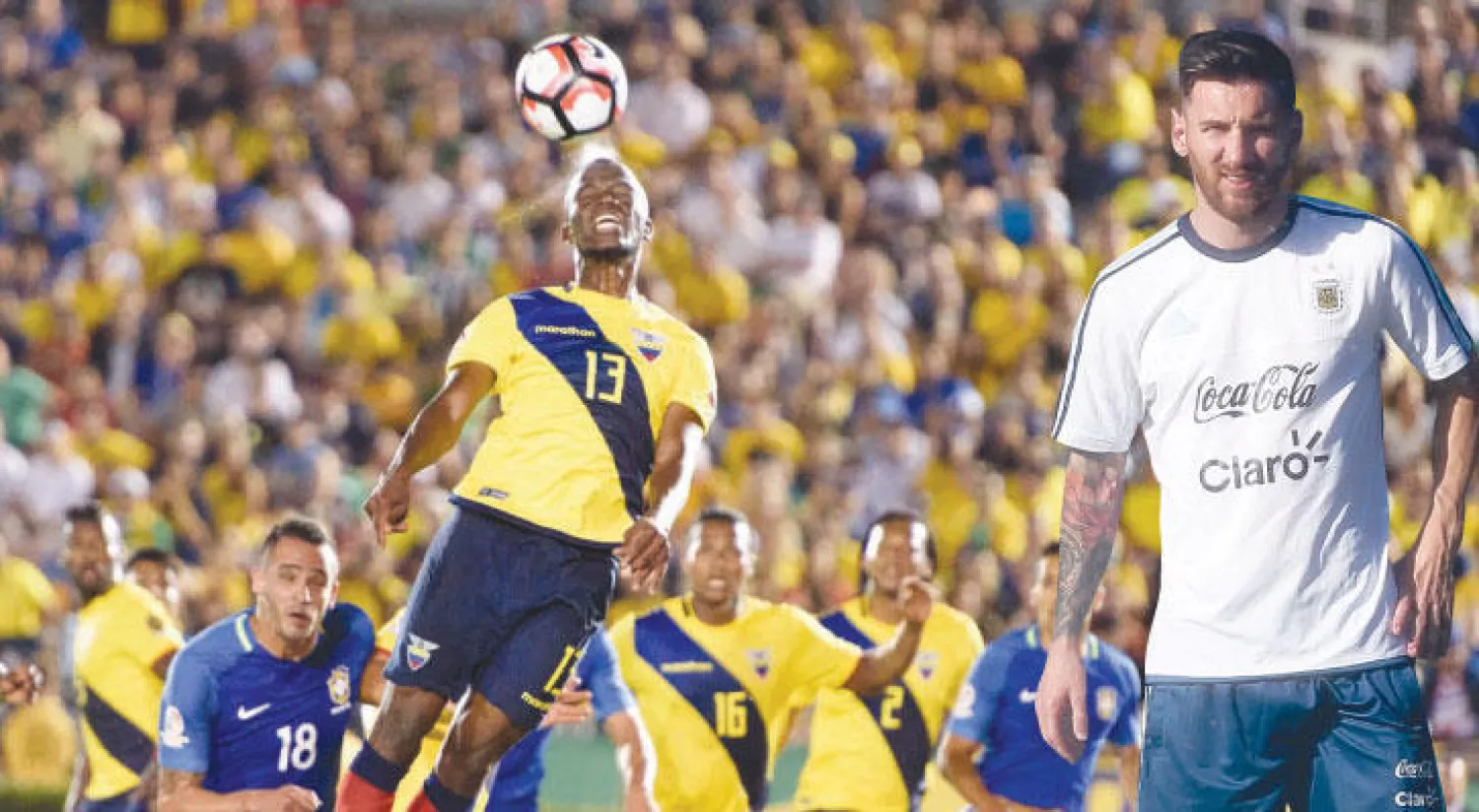 ميسي تدرب منفردًا استعدادًا لمواجهة تشيلي (أ.ف.ب) - فالنسيا لاعب الإكوادور «رقم 13» يتصدى برأسه للكرة وسط زحام من لاعبي البرازيل وفريقه (رويترز)