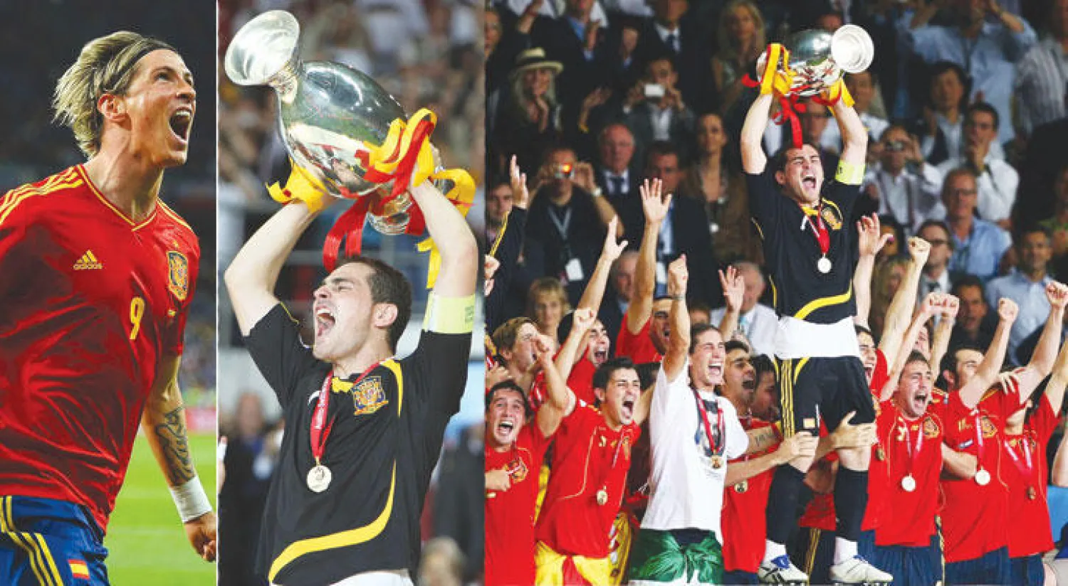 المنتخب الإسباني يحتفل بكأس يورو 2008  -  قائد إسبانيا إيكر كاسياس رافعًا كأس البطولة  -  توريس نجم المباراة النهائية