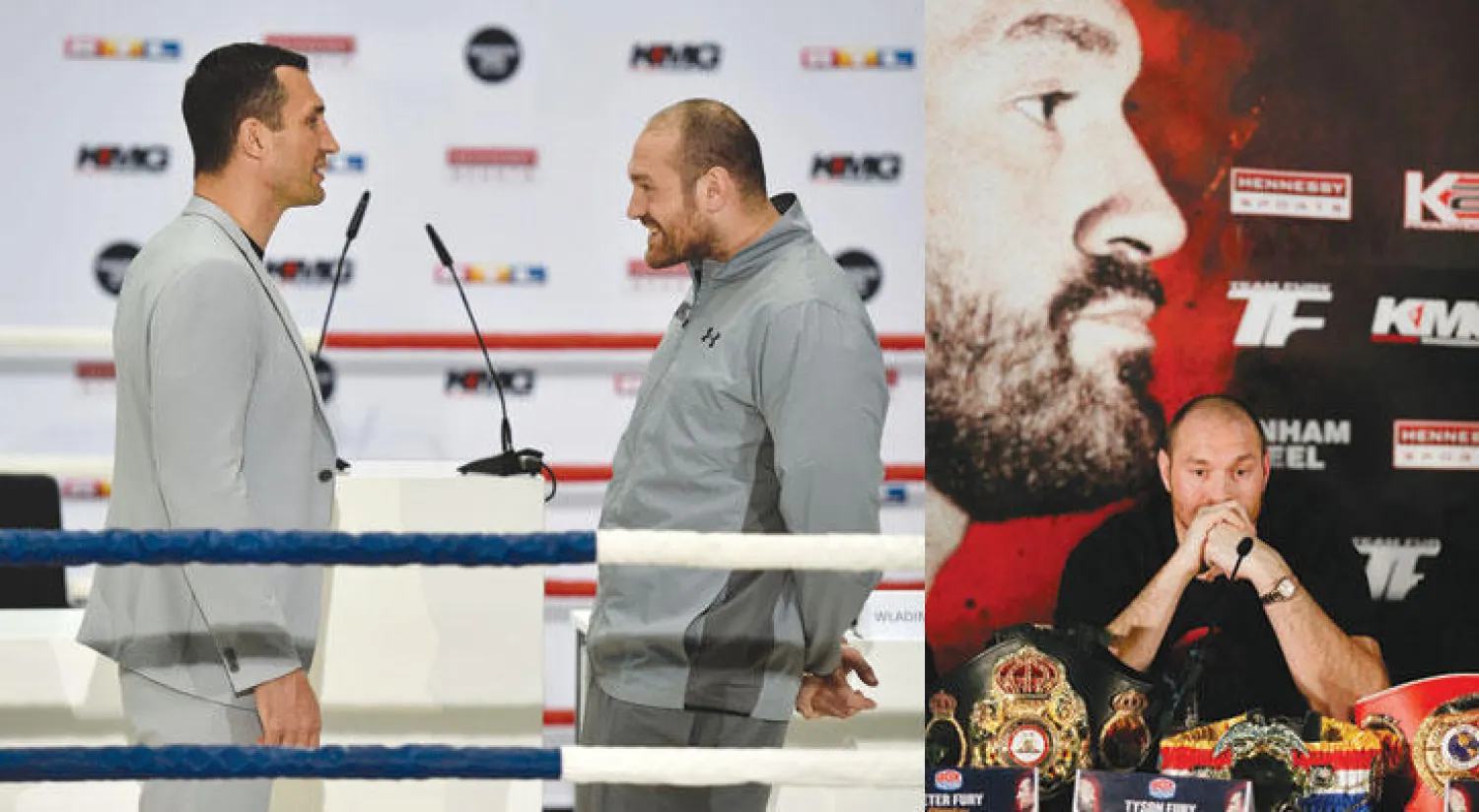 تايسون فيوري يستعرض أحزمته مؤكدًا عزمه على إسقاط كليتشكو مرة ثانية (رويترز)  -  فيوري يظهر بدانته ساخرًا من منافسه كليتشكو (أ.ب)