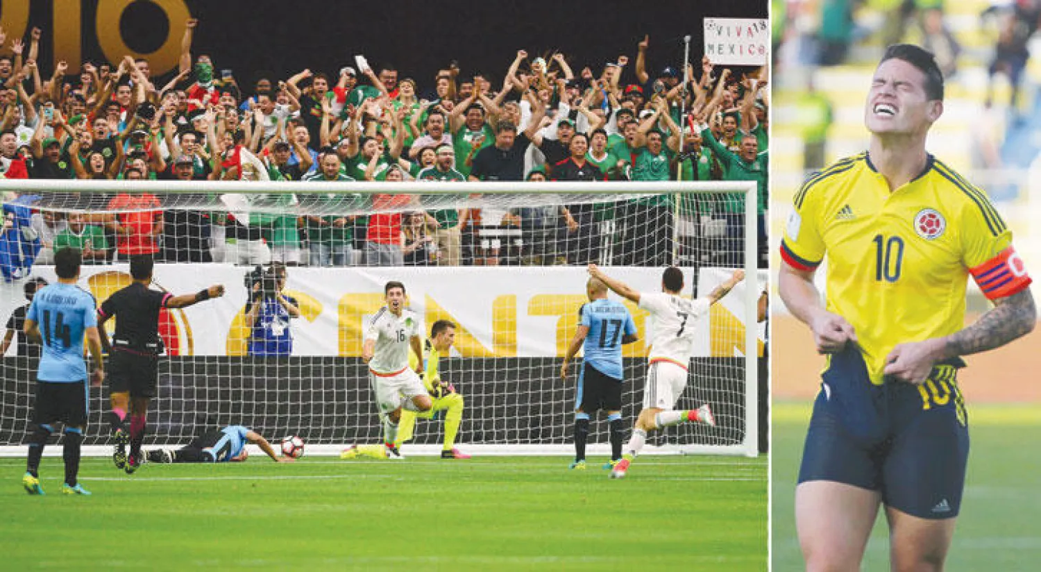 إصابة رودريغيز تثير القلق في معسكر كولومبيا (رويترز)  -   هيكتور هيريرا لاعب المكسيك (رقم 16في الوسط) يحتفل بهدفه وسط حسرة مدافعي الأوروغواي (أ.ف.ب)