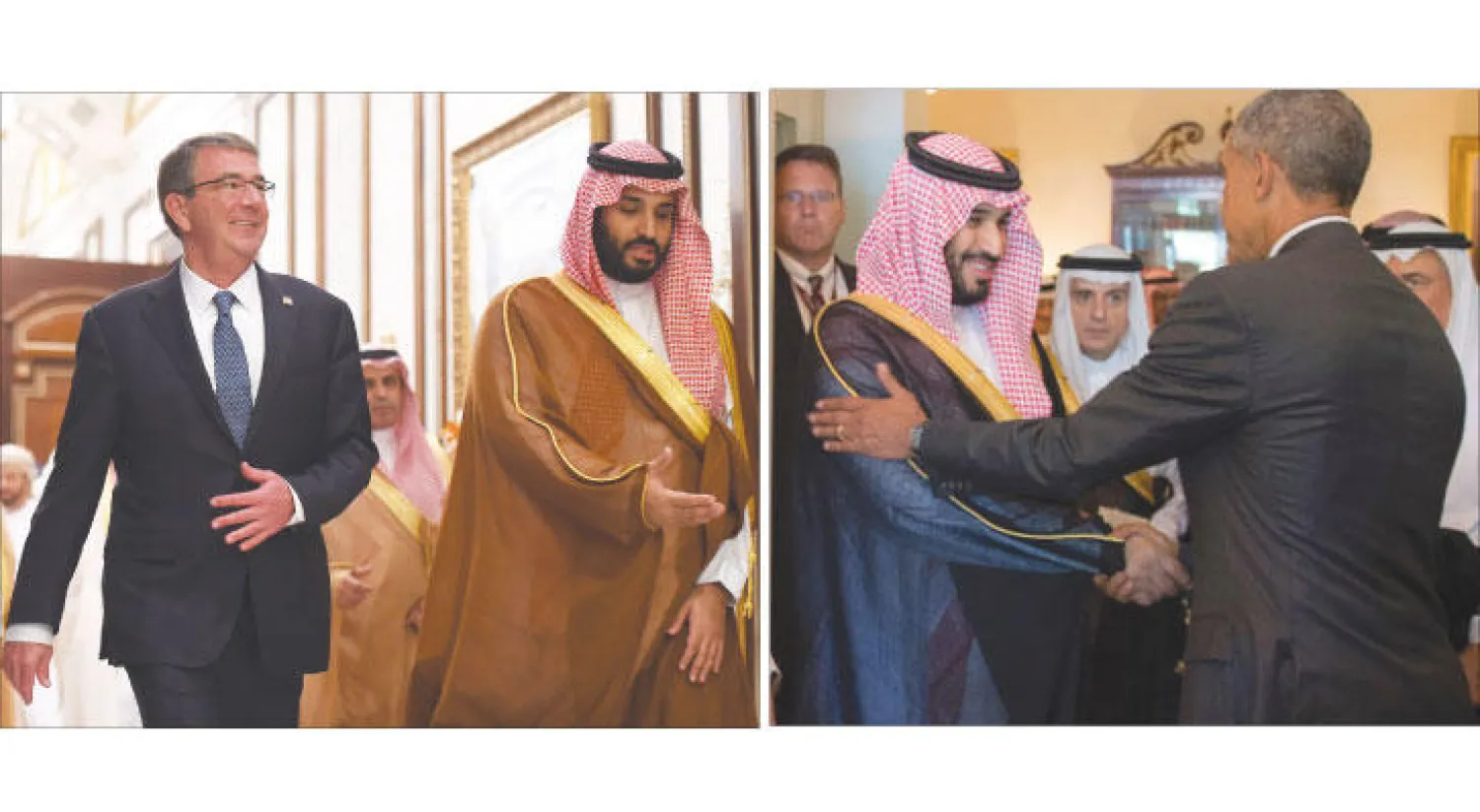 الأمير محمد بن سلمان لدى لقائه الرئيس الأميركي باراك أوباما - ولي ولي العهد لدى لقائه وزير الدفاع الأميركي في الرياض أبريل الماضي (أ.ف.ب)