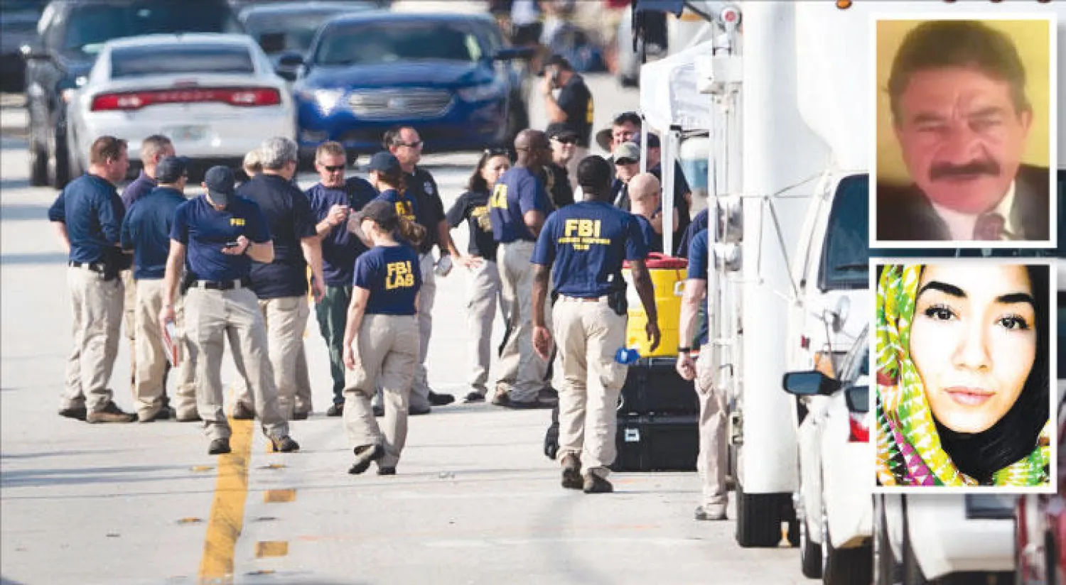 محققو «إف بي آي» يجمعون الأدلة الجنائية من موقع المذبحة في أورلاندو (أ.ف.ب) - صديق متين والد عمر منفذ مذبحة أورلاندو («الشرق الأوسط») - الزوجة السابقة لمنفذ 
مذبحة أورلاندو