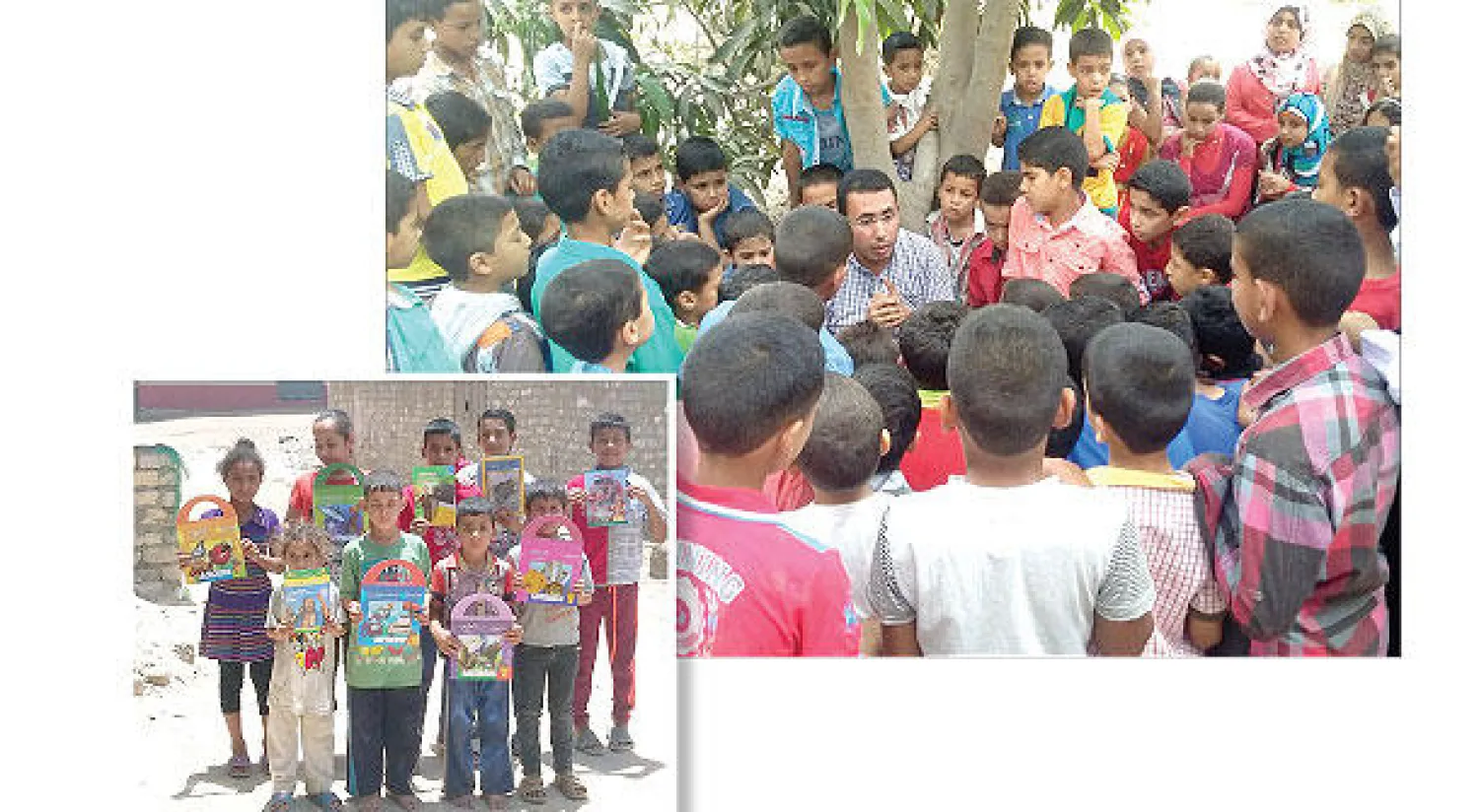 المعلم هيثم عبد ربه يحكي القصص لأطفال القرى المصرية و أطفال يحملون ما حصلوا عليه من كتب وقصص («الشرق الأوسط»)