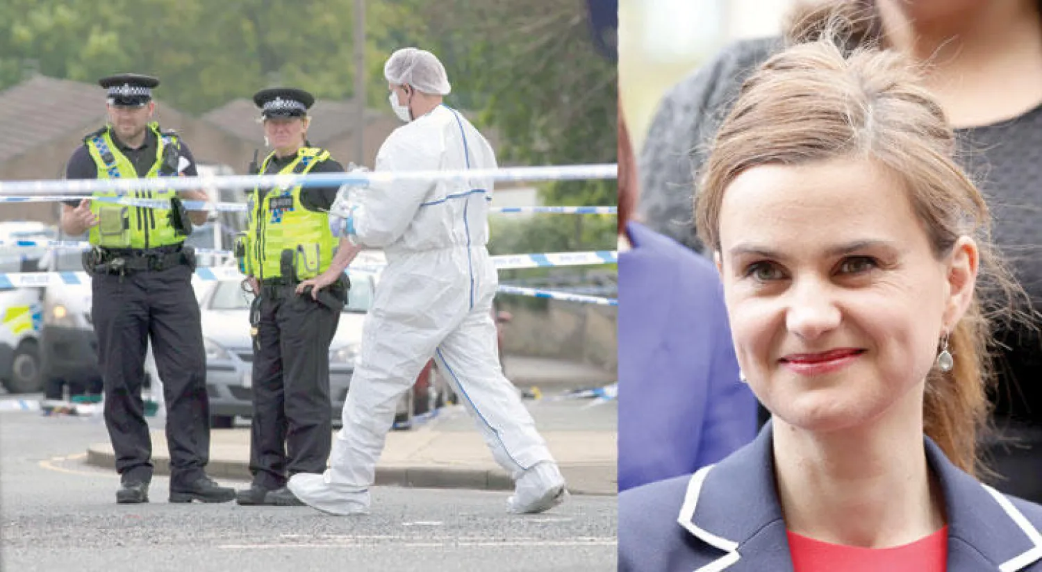 النائبة العمالية جو كوكس (رويترز) .....رجال أمن ومحققون يتفقدون موقع الجريمة في بيرستال القريبة من ليدز حيث قضت النائبة العمالية جو كوكس بإطلاق نار والطعن بسكين أمس (إ.ب.أ)