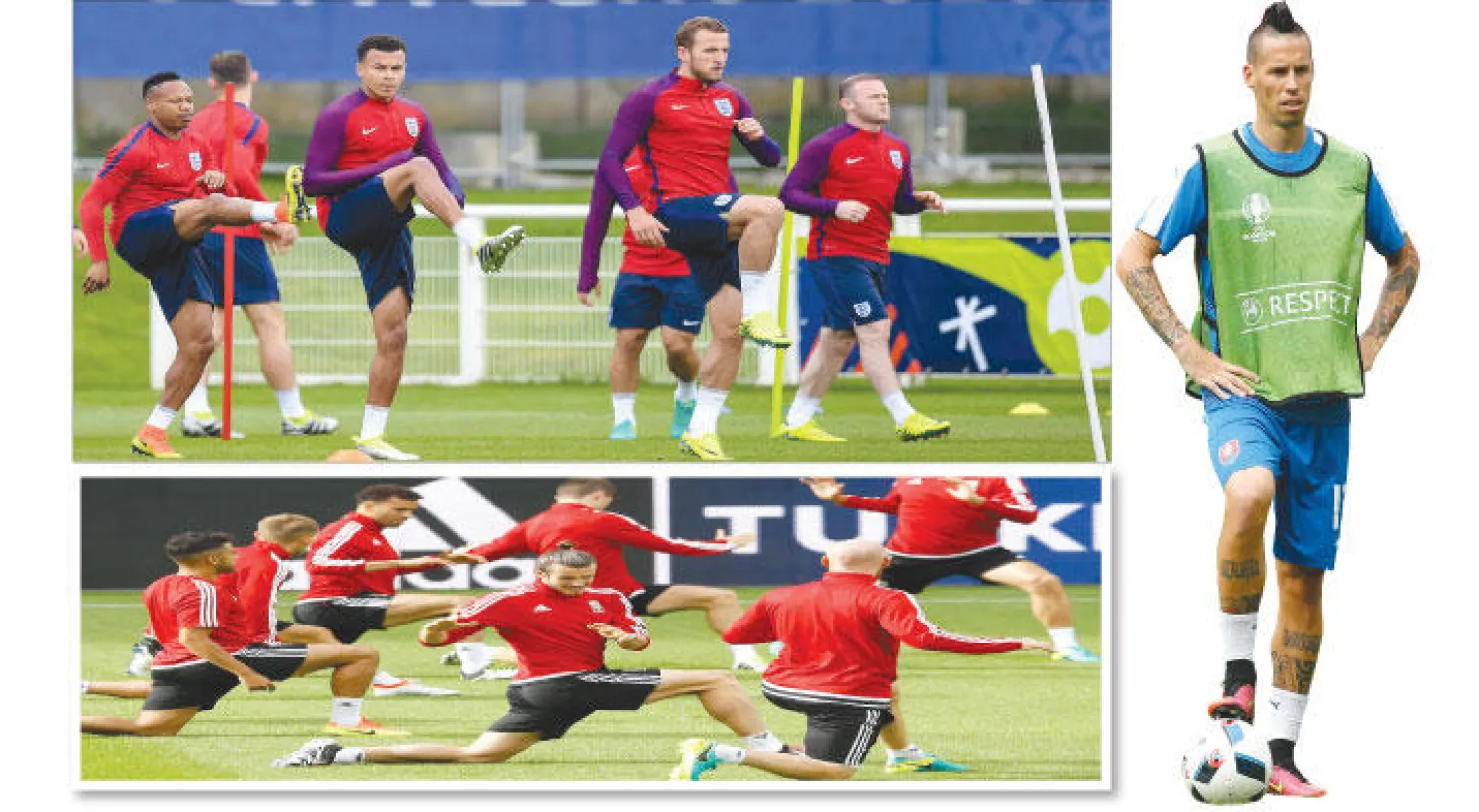 هامسيك عنصر الخطورة في منتخب سلوفاكيا (رويترز) - روني وكين وديلي ألي وروز خلال تدريبات إنجلترا أمس (إ.ب.أ) - غاريث بيل نجم ويلز يتوسط زملاءه في التدريب قبل مواجهة روسيا الحاسمة (أ.ب)