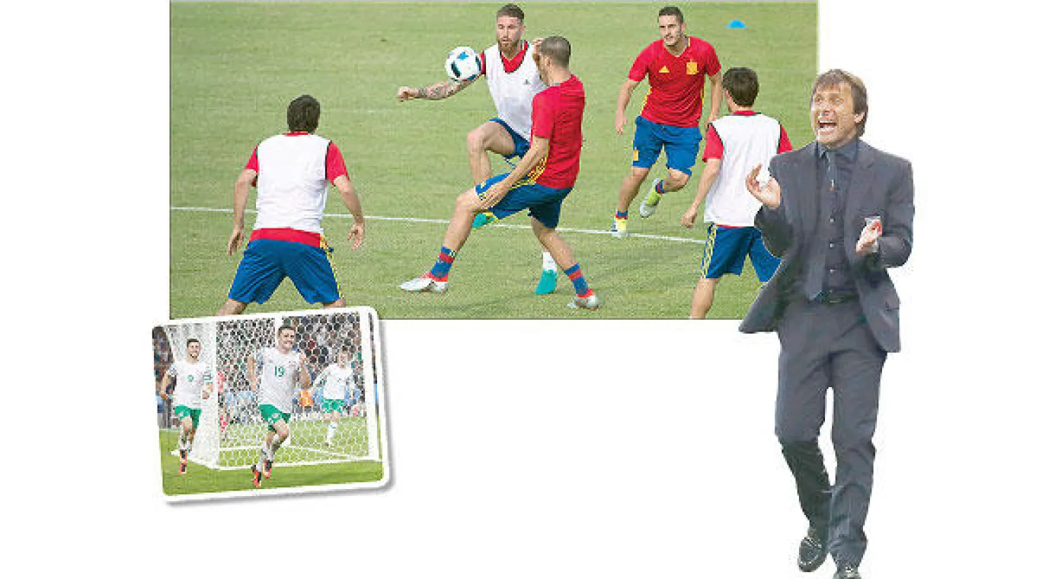 كونتي مدرب إيطاليا سيصطدم بإسبانيا في الدور الثاني و منتخب إسبانيا وضع نفسه في مأزق و برادي يحتفل بهدفه في مرمى إيطاليا الذي منح آيرلندا بطاقة الدور الثاني (رويترز)