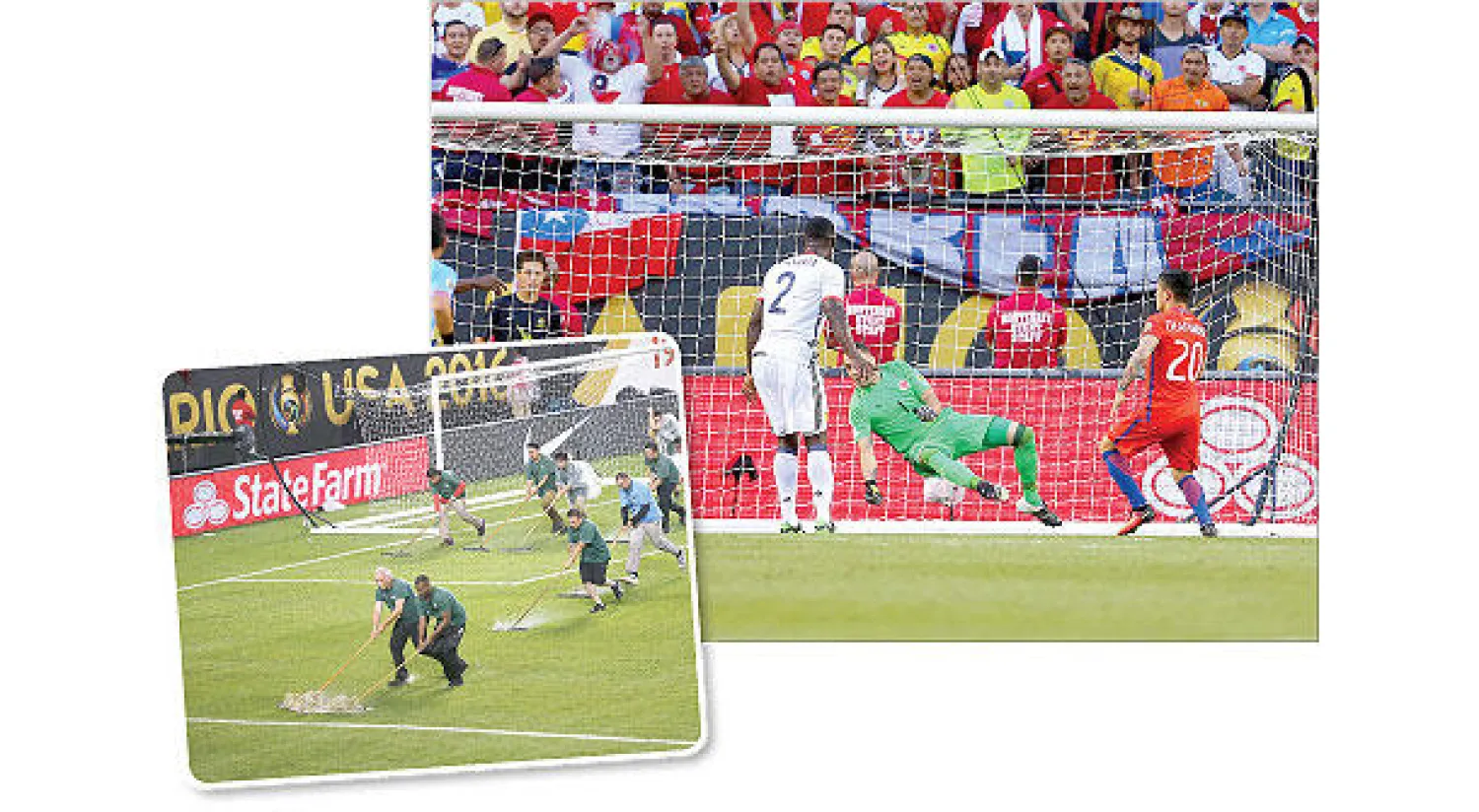 تشارلز أرانغيز (رقم 20) يتقدم لتشيلي و عمال يزيلون المياه عن أرضية الملعب بعد العاصفة الرعدية (أ.ب)