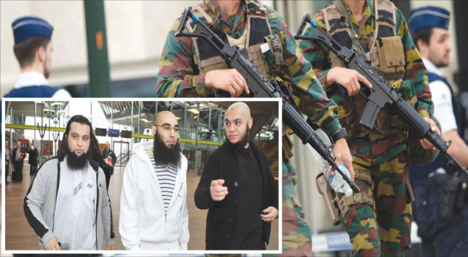 انتشار أمني مكثف في العاصمة بروكسل خوفًا من وقوع هجمات إرهابية (أ.ب) - فؤاد بلقاسم مؤسس جماعة «الشريعة» (وسط) داخل محكمة انتويرب («الشرق الأوسط»)