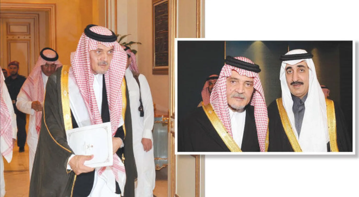 الأمير الراحل سعود الفيصل مع الأمير خالد بن سعود في إحدى المناسبات في العاصمة الرياض - الراحل سعود الفيصل كان دائمًا يحمل ملفاته في حله وترحاله شارحًا القضايا العربية والإسلامية