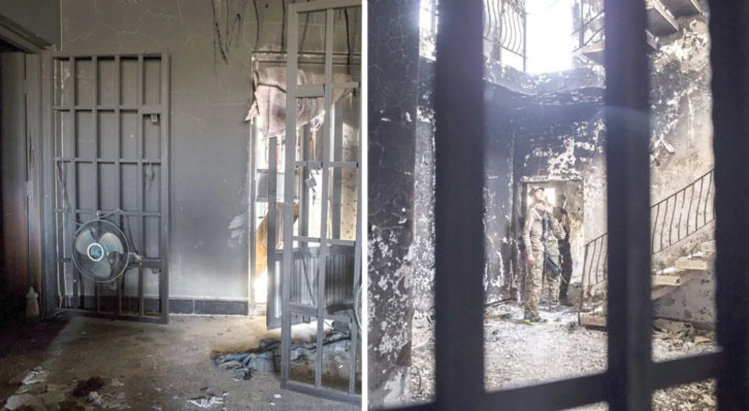 شرطيان يعاينان أحد المباني في الفلوجة استخدم سجنا في أيام احتلال «داعش» (واشنطن بوست)  -  أوراق ومتعلقات وجدت في أحد المنازل استخدم سجنا في الفلوجة (واشنطن بوست)