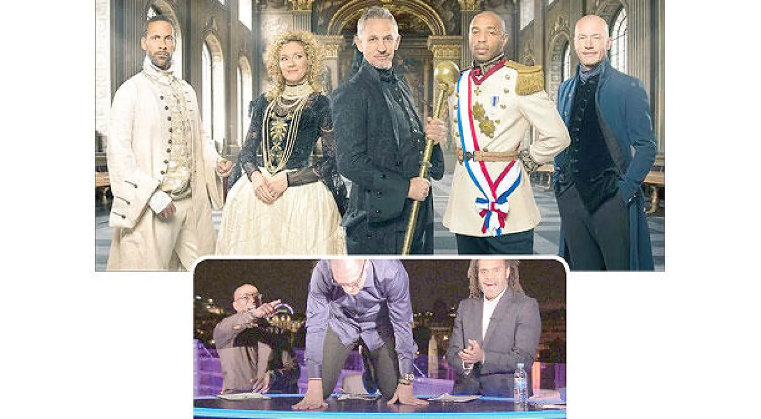 جنرالات النقد الرياضي في التليفزيون البريطاني شيرر وهنري ولينيكر ولوغان وفيرديناند - بيليتش يحتفل بهدف الفرنسي باييه أمام ألبانيا («الشرق الأوسط»)