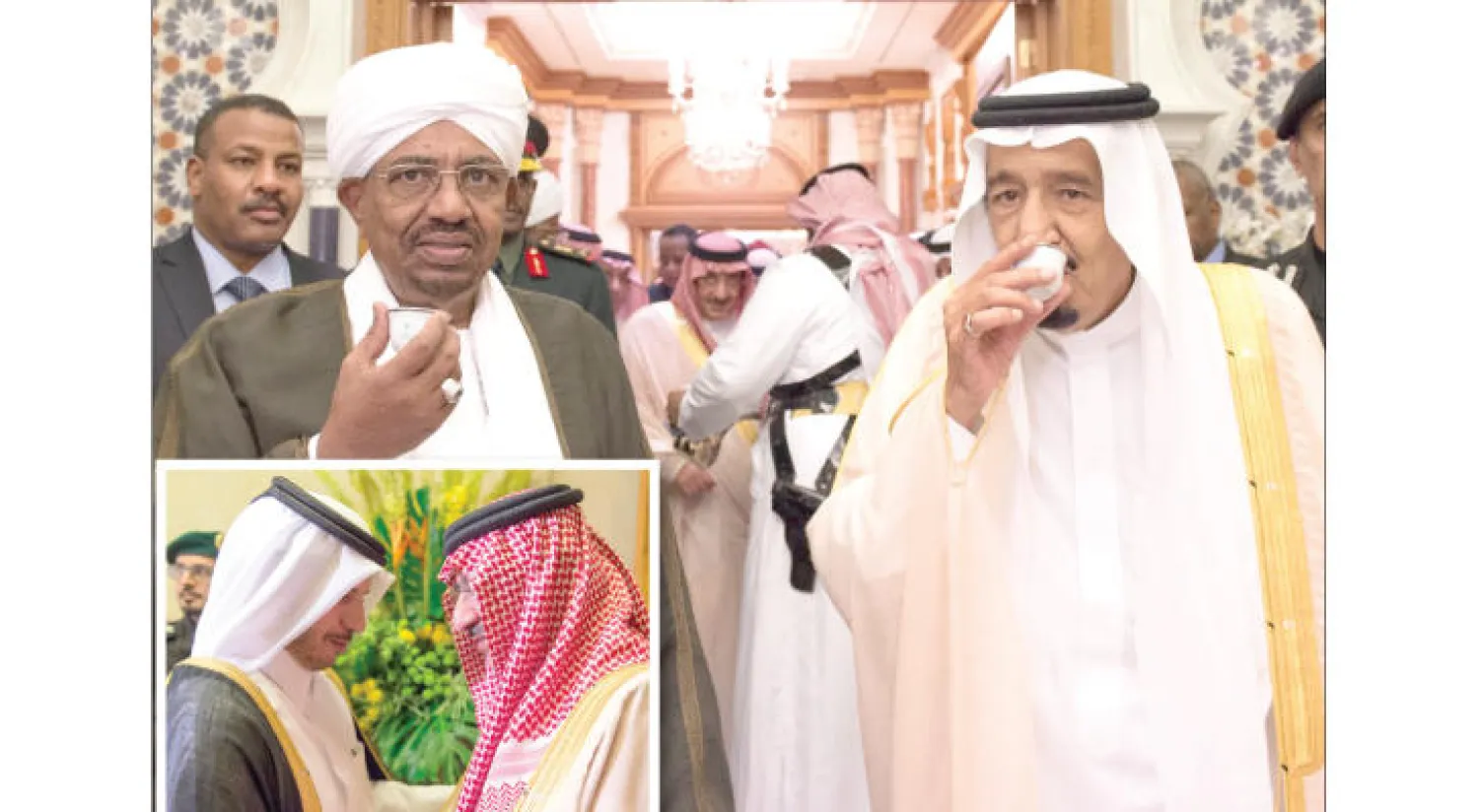 خادم الحرمين الشريفين الملك سلمان والرئيس السوداني عمر البشير يتناولان القهرة في قصر الصفا بمكة المكرمة أمس. وكان خادم الحرمين قد استقبل الرئيس البشير ورئيس مجلس الوزراء القطري الشيخ عبد الله بن ناصر آل ثاني، ورئيس مجلس الأمة الكويتي مرزوق الغانم، ثم تناول الجميع طعام الإفطار مع الملك سلمان. وفي الإطار، ولي العهد السعودي الأمير محمد بن نايف مستقبلا رئيس مجلس الوزراء القطري قبل اجتماعهما بشكل منفصل في مكة أمس (واس)