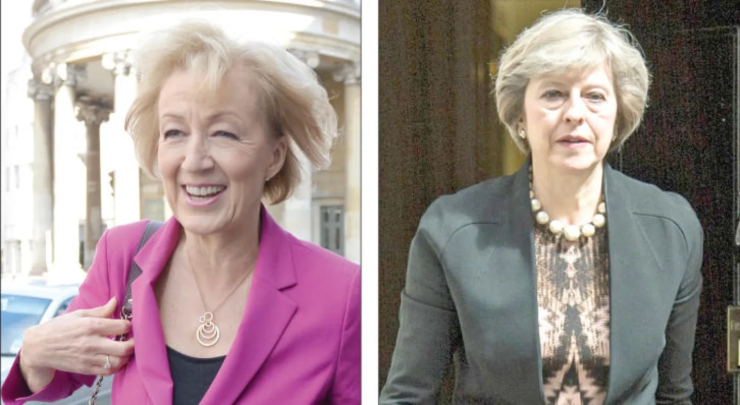 تريزا ماي بعد حضورها جلسة للحكومة في 10 داونينغ ستريت (إ.ب.أ).... المرشحة أندريا ليدسام النجمة الصاعدة في حزب المحافظين التي بدأت أسهمها ترتفع في المنافسة على زعامة الحزب (أ.ف.ب)