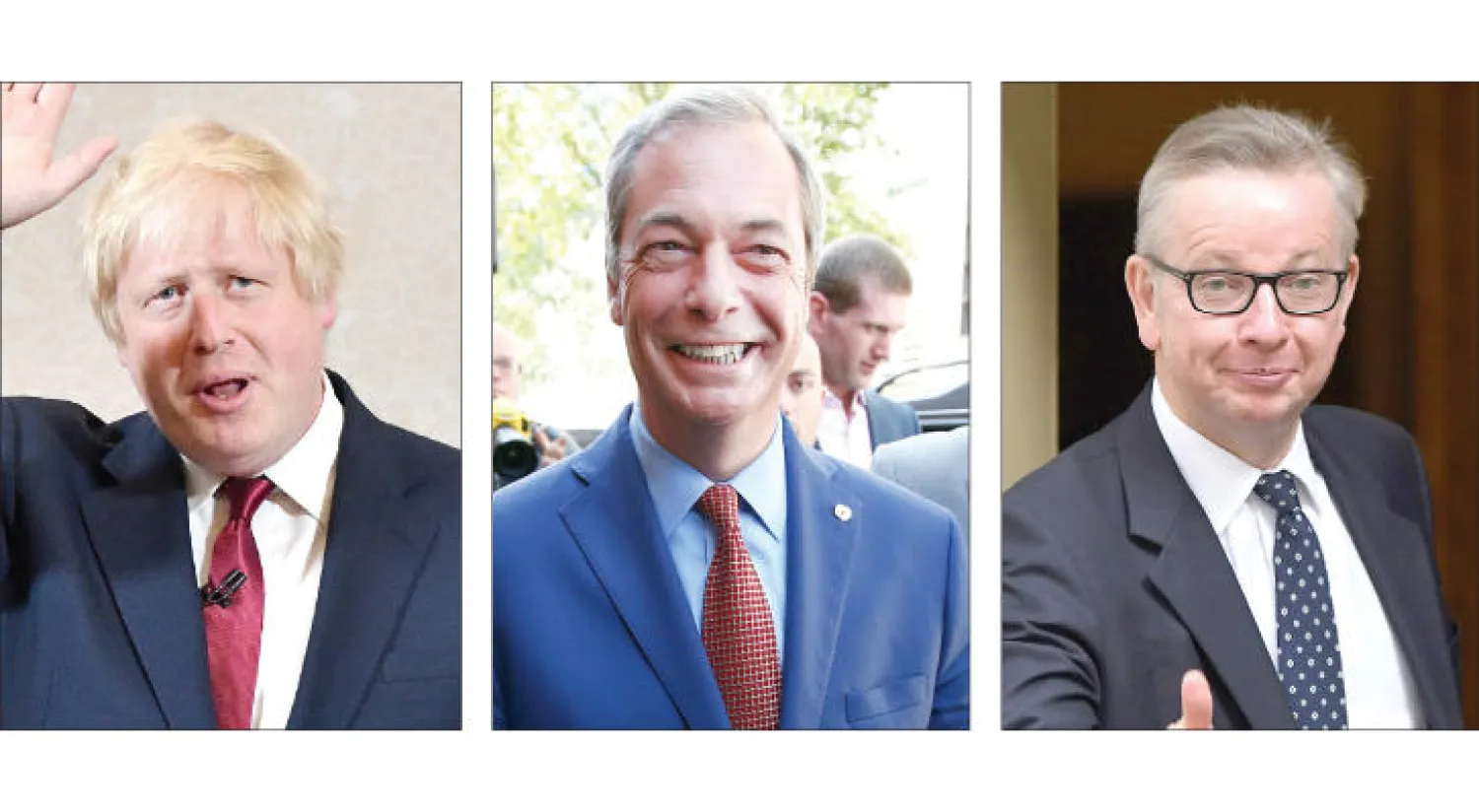 مايكل غوف المتنافس المتردد على زعامة الحزب وسيختفي مثل غيره من المشهد (أ.ف.ب).... نايجل فاراج وصفه يونكر بالقبطان الذي يغادر سفينته ويتركها تغرق (رويترز)..... بوريس جونسن انسحب من المنافسة على زعامة الحزب (أ.ف.ب)