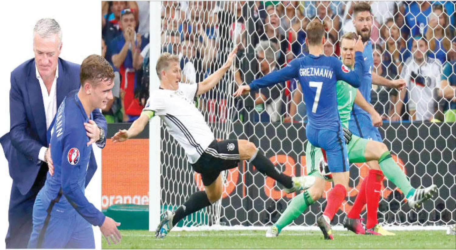 غريزمان (رقم 7) يعزز تقدم فرنسا بهدفه الثاني (رويترز) - مدرب فرنسا ديشامب يحتضن غريزمان في نهاية اللقاء (إ.ب.أ)