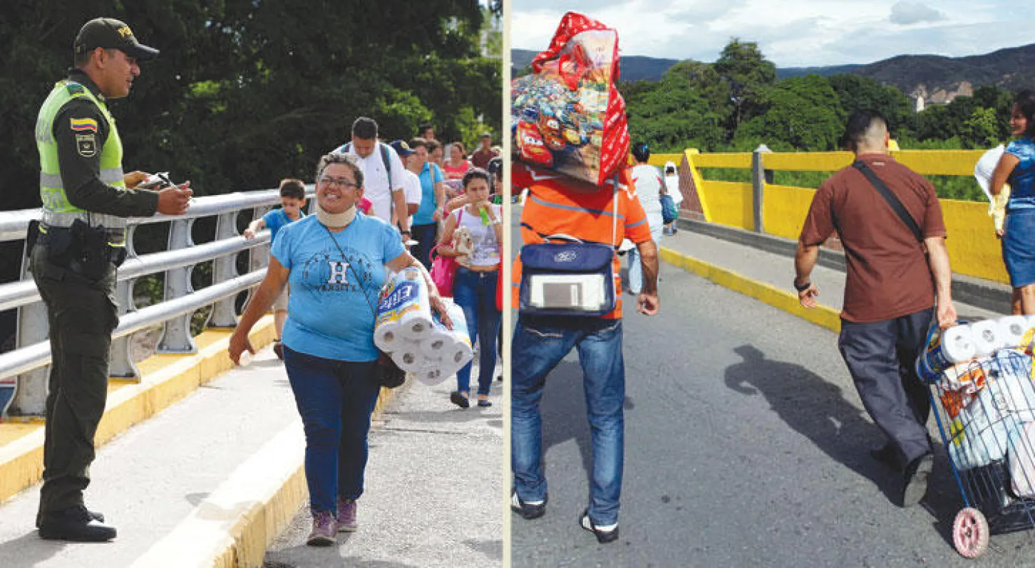 الفنزويليون قاموا بشراء المواد الغذائية والدواء بشراهة من الجانب الكولومبي (رويترز)  -  صورة لشرطي كولومبي يتحدث لمواطنين فنزويليين أثناء عبورهم لشراء السلع الأساسية من كولومبيا (أ.ف.ب)