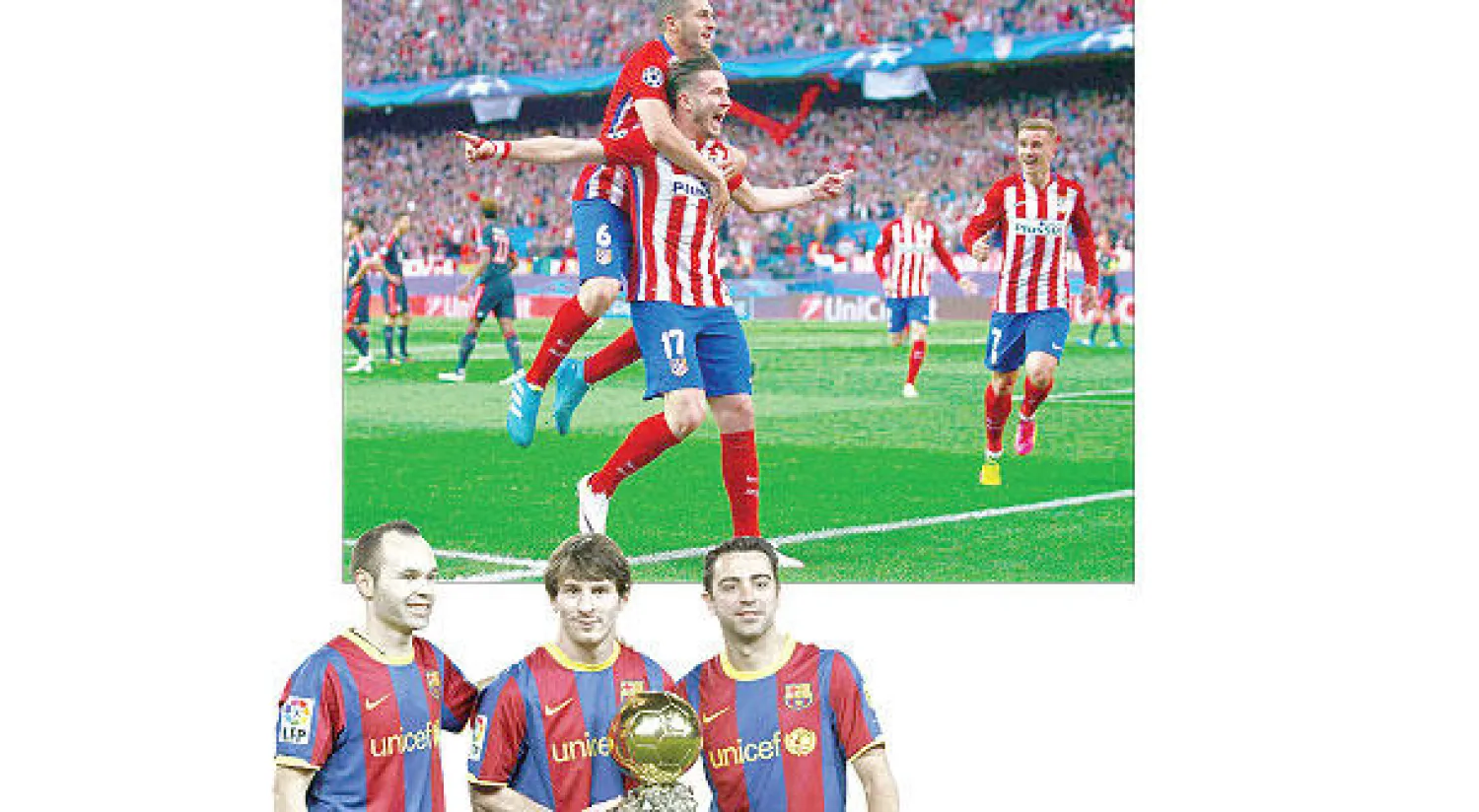 الدفاع الجيد الذي طبقه أتلتيكو مدريد في نصف نهائي دوري الأبطال أفشل أسلوب «تيكي تاكا» لبايرن ميونيخ  - ثلاثي برشلونة هيرنانديز وميسي وإنييستا أمتعوا العالم بالتيكي تاكا («الشرق الأوسط»)