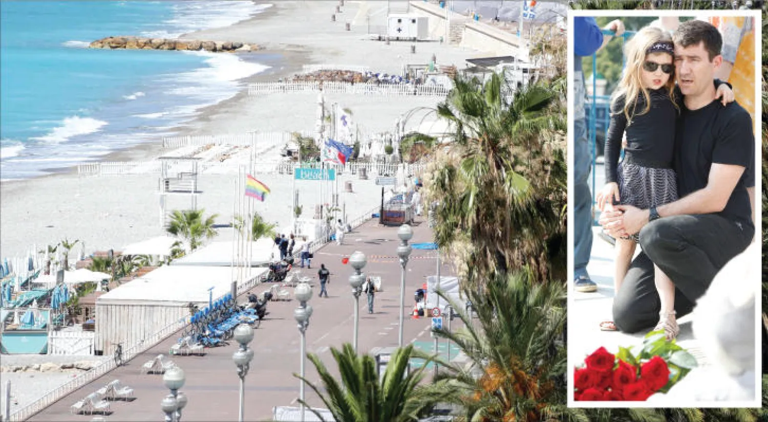 موقع الهجوم على المحتفلين باليوم الوطني لفرنسا في شارع «متنزه الإنجليز» بمدينة نيس بالريفييرا الفرنسية أول من أمس (أ.ف.ب)  .. وفي الإطار روسي يضع أكليلاً من الورود أمام السفارة الفرنسية في العاصمة موسكو (إ.ب.أ)