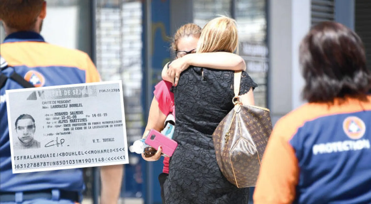 فرنسيتان في حالة صدمة أمام مستشفى باستير في مدينة نيس أمس (أ.ف.ب) - بطاقة الهوية الشخصية لمحمد بوهلال منفذ مجزرة نيس (أ.ف.ب)