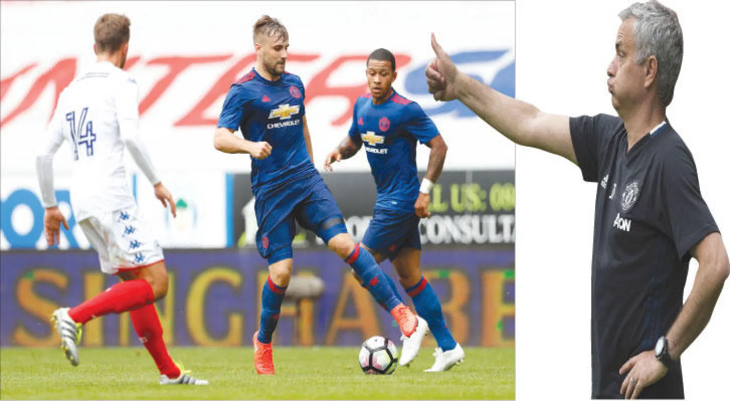 مورينهو وجد استقبالاً حاراً من جماهير يونايتد (أ.ف.ب) - لوك شو مدافع يونايتد (يمين) يسيطر على الكرة أمام لاعب ويغان في أول ظهور بعد غياب موسم كامل (رويترز)