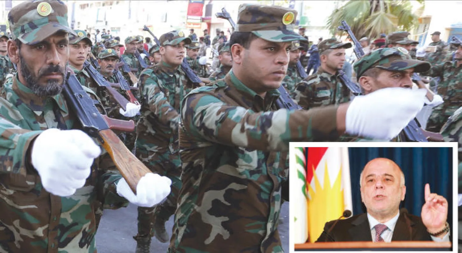 عناصر من ميليشيات الحشد الشعبي يستعرضون قوتهم في بغداد الأسبوع الماضي (أ.ب).. وفي الإطار رئيس الوزراء العراقي حيدر العبادي في مؤتمر صحافي سابق له في أربيل (رويترز)