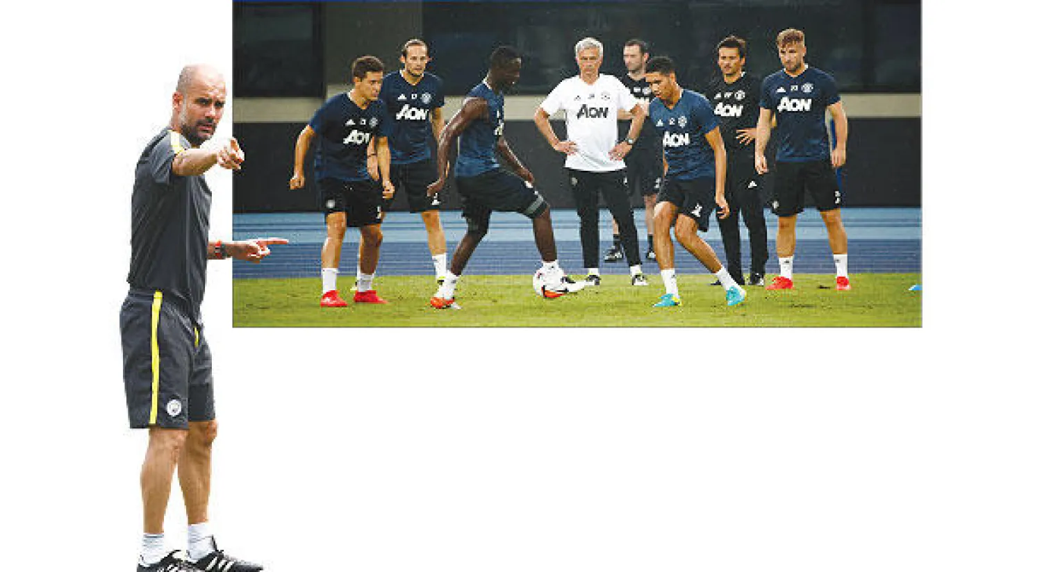 مورينهو يراقب لاعبي مانشستر يونايتد خلال التدريبات أمس  - غوارديولا يرى المنافسة مع مورينهو إيجابية (رويترز)
