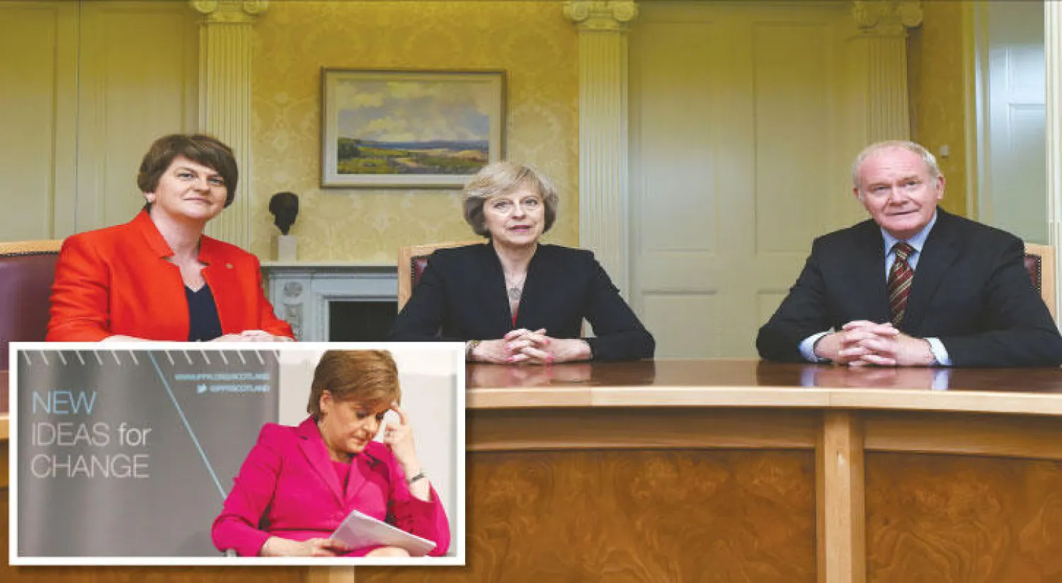 رئيسة وزراء بريطانيا تيريزا ماي تجتمع بالوزيرة الأولى الآيرلندية أرلين فوستر ونائبها مارتن ماكغينيس في بلفاست أمس (رويترز) - رئيسة وزراء أسكتلندا نيكولا ستورجن تلقي خطابا في أدنبره أمس (رويترز)