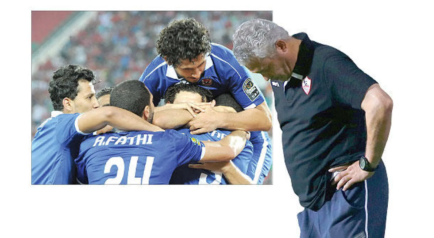 حلمي مدرب الزمالك متأثرًا من الهزيمة (رويترز) - لاعبو الأهلي يحتفلون بهدف ربيعة الذي منحهم الفوز على الوداد (أ.ب.أ)