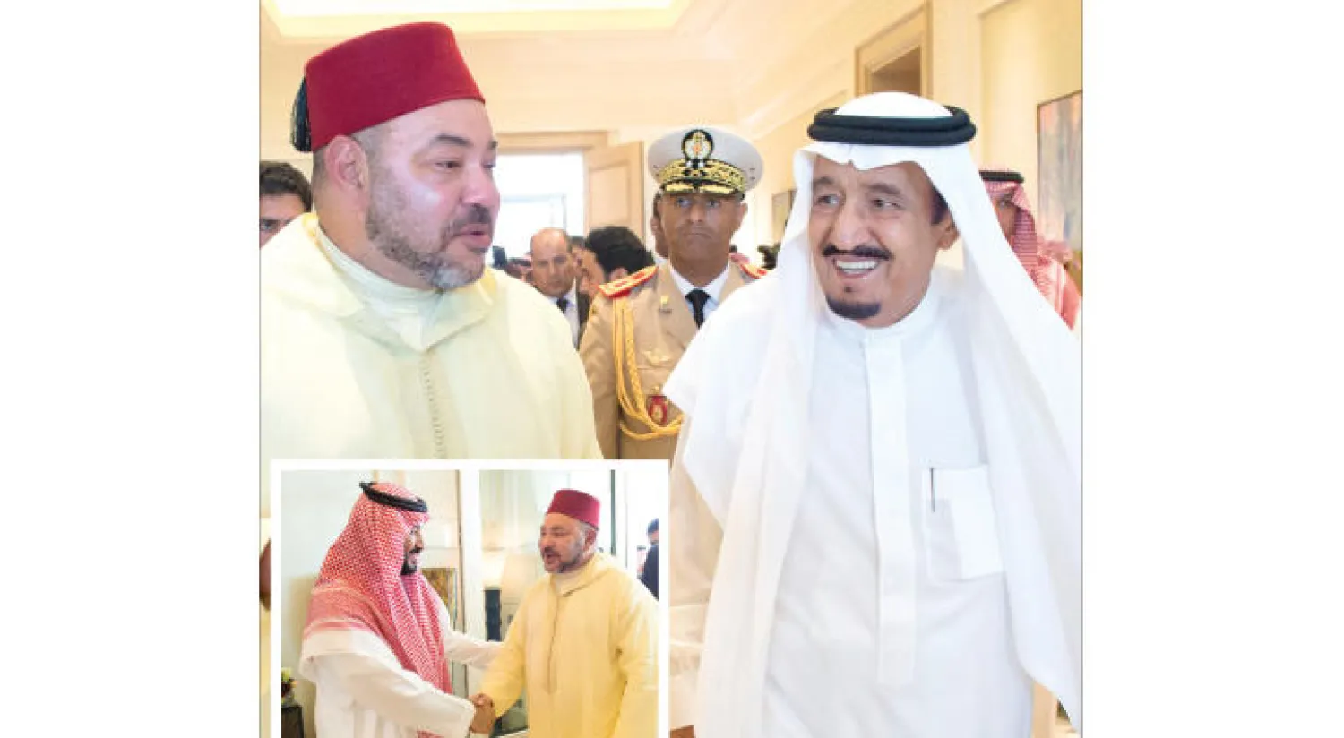 خادم الحرمين الشريفين لدى استقباله ملك المغرب حيث استعرض معه العلاقات الأخوية بين البلدين.. وفي الإطار العاهل المغربي مصافحاً الأمير محمد بن سلمان ولي ولي العهد السعودي (واس)