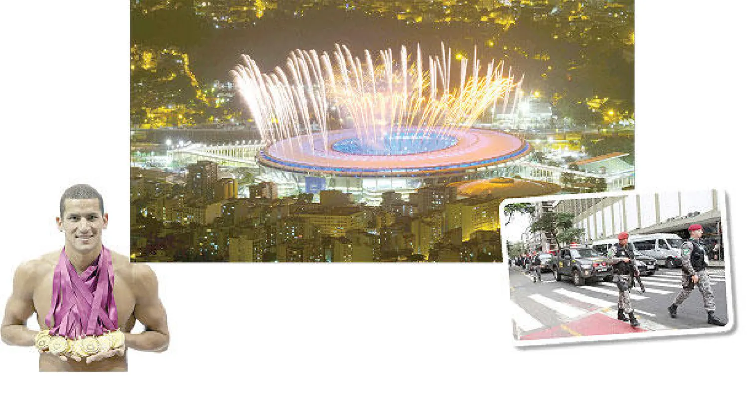 قوات الأمن البرازيلية تحيط بمنطقة كوباكوبانا التي تستضيف ألعاب الشاطئ والمنافسات المائية - الألعاب النارية تزين ملعب ماراكانا خلال تجربة لحفل الافتتاح أمس - أسامة الملولي أمل تونس والعرب في حصد الذهب