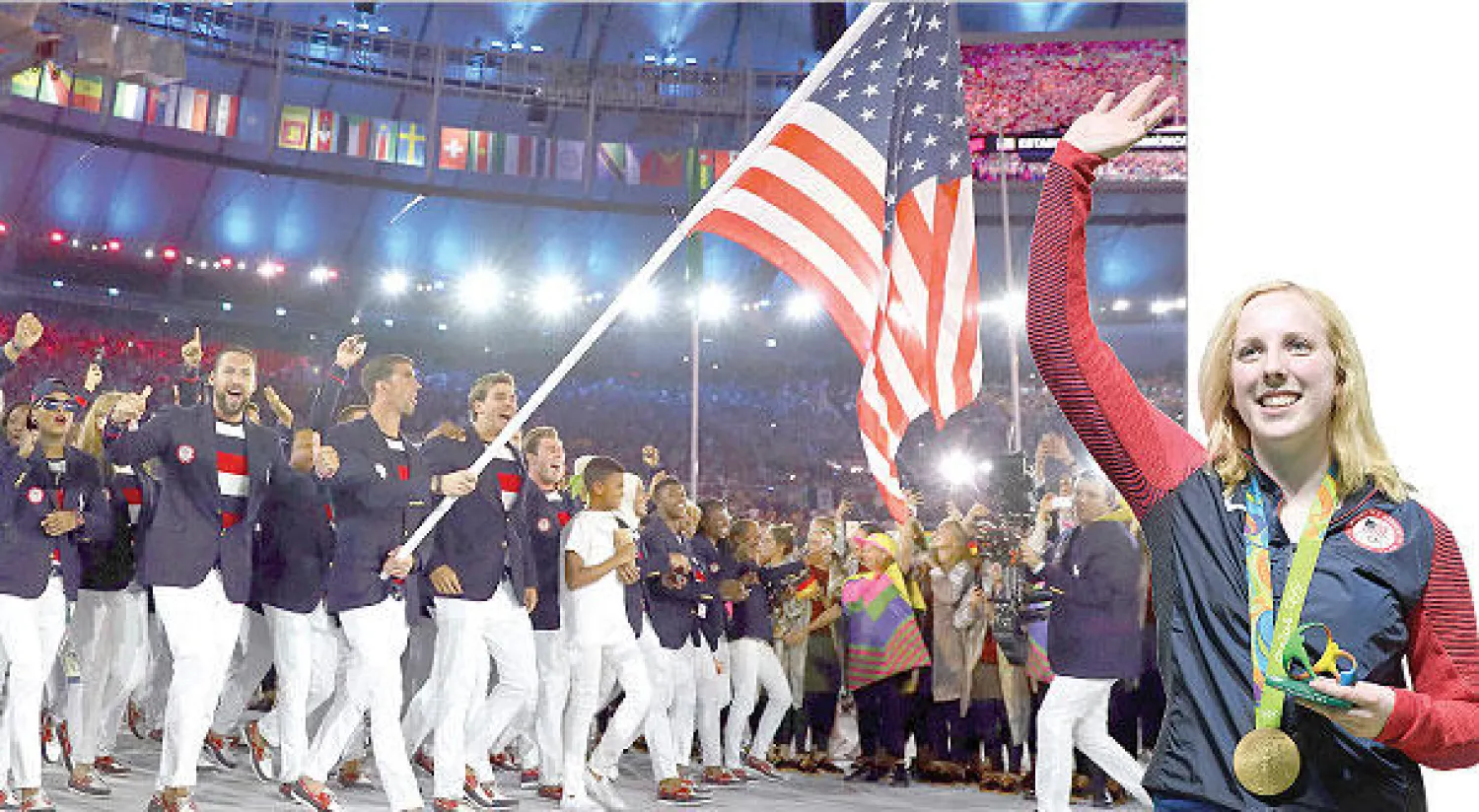 ثراشر حصدت أول ذهبية لأميركا في مسابقة الرماية (أ.ف.ب) - مايكل فيلبس يرفع العلم الأميركي متقدما فريق بلاده الساعي للفوز بدورة ريو (رويترز)