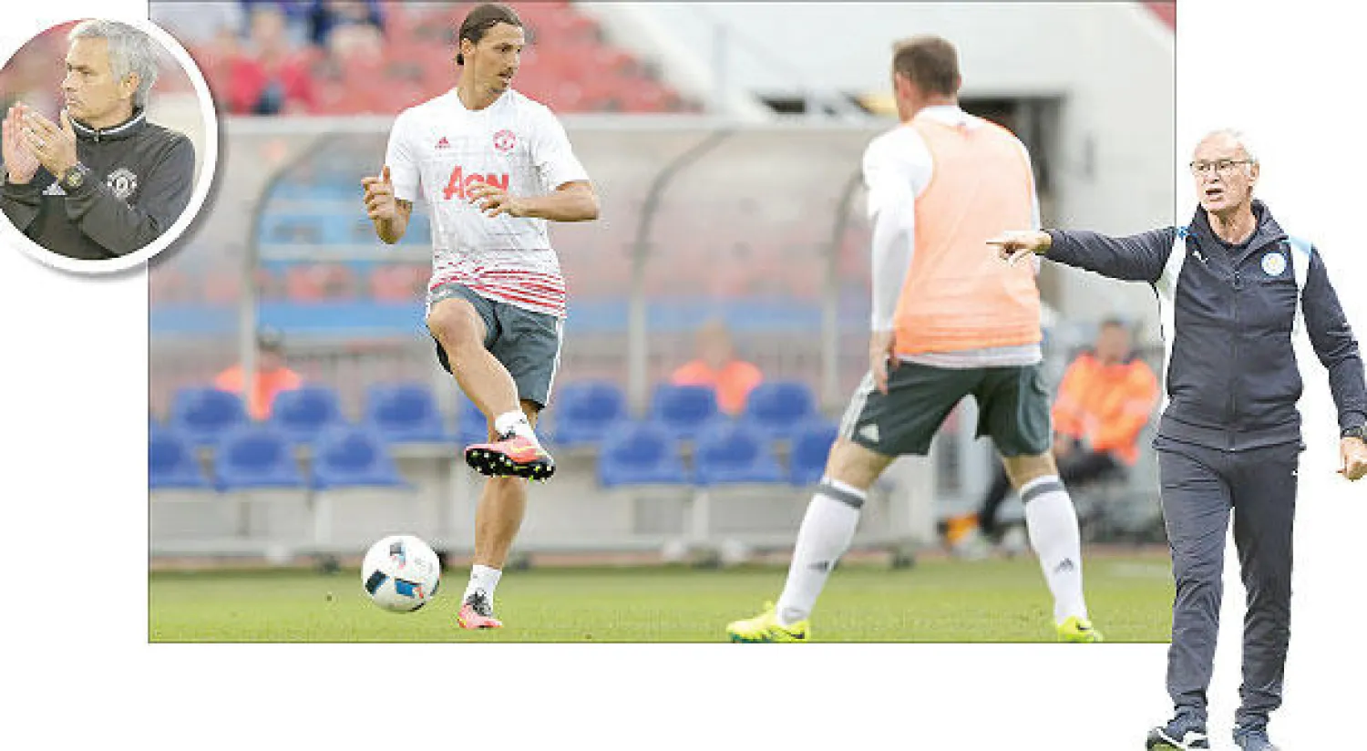 رانييري يأمل في استمرار ليستر على طريق الانتصارات  - إبراهيموفيتش المتعطش للانتصارات (يسار) يتناقل الكرة مع روني في تدريبات يونايتد - مورينهو يخوض اختباره الرسمي الأول مع يونايتد (رويترز)