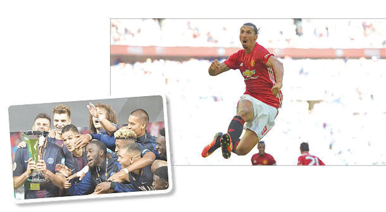 إبراهيموفيتش يحتفل بهدفه الرسمي الأول مع يونايتد الذي قاد الفريق للتتويج بالدرع الخيرية  - لاعبو سان جيرمان يحتفلون بكأس السوبر الفرنسية (أ.ف.ب)