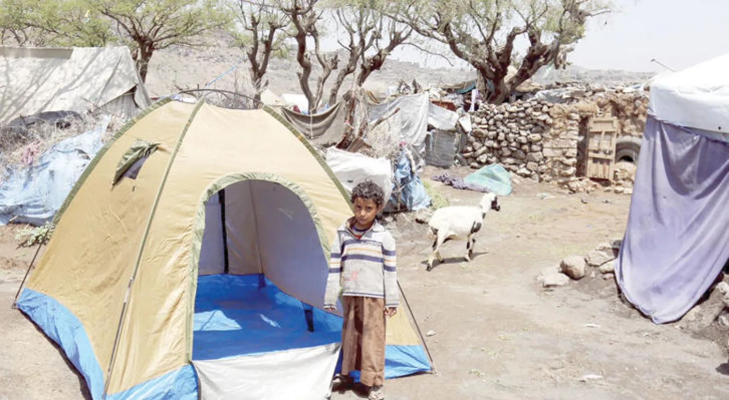 طفل يمني يقف في مخيم للنازحين في محافظة عمران شمال البلاد أمس (إ.ب.أ)