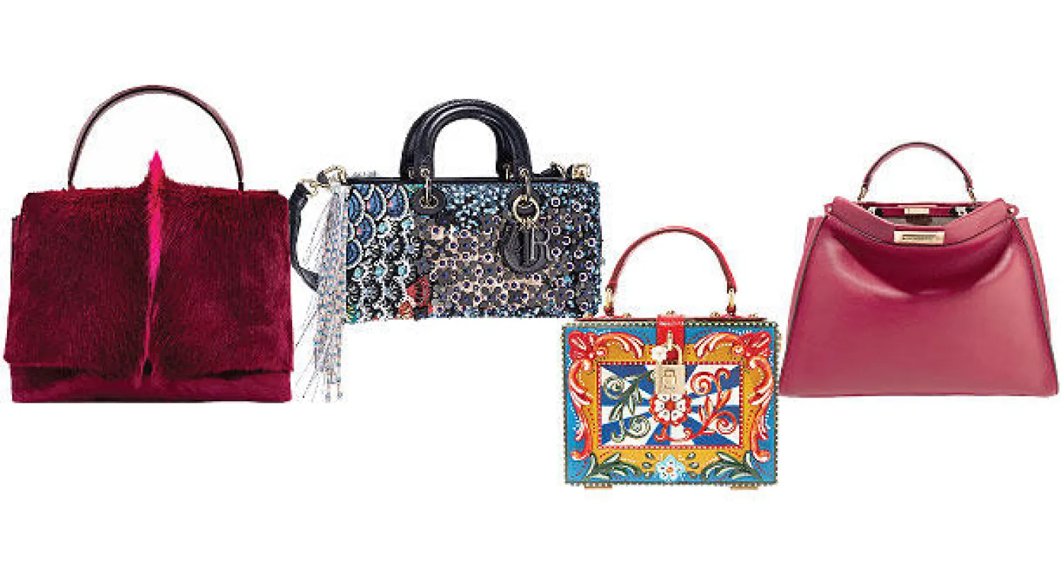 حقيبة «بيكابو» من «فندي» بحجم يناسب سيدات الأعمال من الجلد الطبيعي - من «ديور» حقيبة مبتكرة وغنية بالألوان والنقشات يمكن تنسيقها مع بنطلون جينز أو مع فستان كوكتيل - حقيبة من «دولتشي أند غابانا» مصنوعة من الخشب ومنقوشة باليد - حقيبة «أودري هيبورن» من الدار الإيطالية «سيرابيان» مصنوعة باليد ومستوحاة من حقبة الـ«بانكس»