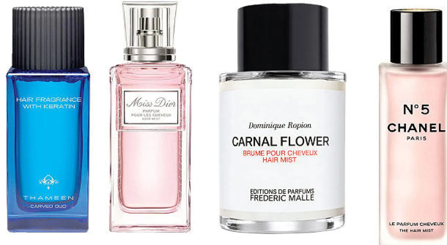 «شانيل نمبر 5» للشعر - «كارنال فلاور» من «فريدريك مال» - عطر «ميس ديور» للشعر - «كارفد عود» من «ثمين»
