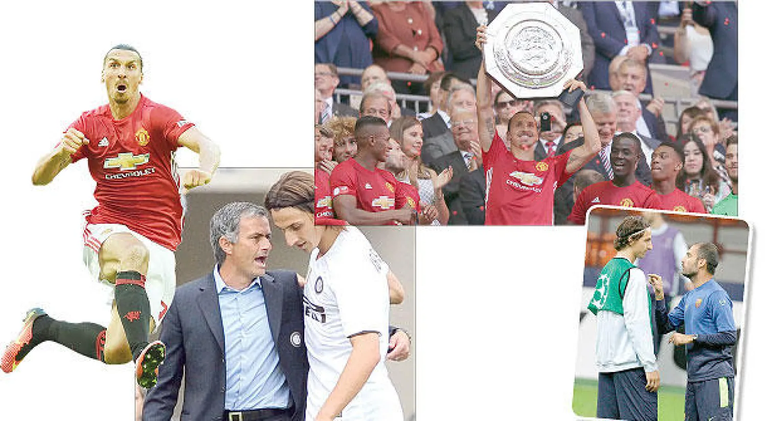 إبراهيموفيتش وغوارديولا وعداء لا ينتهي («الشرق الأوسط») - إبراهيموفيتش والدرع الخيرية وأول لقب مع مانشستر يونايتد (أ.ب) - إبراهيموفيتش وصداقة بدأت في انترميلان («الشرق الأوسط») - إبراهيموفيتش بعد أول أهدافه الرسمية مع يونايتد (إ.ب.أ)