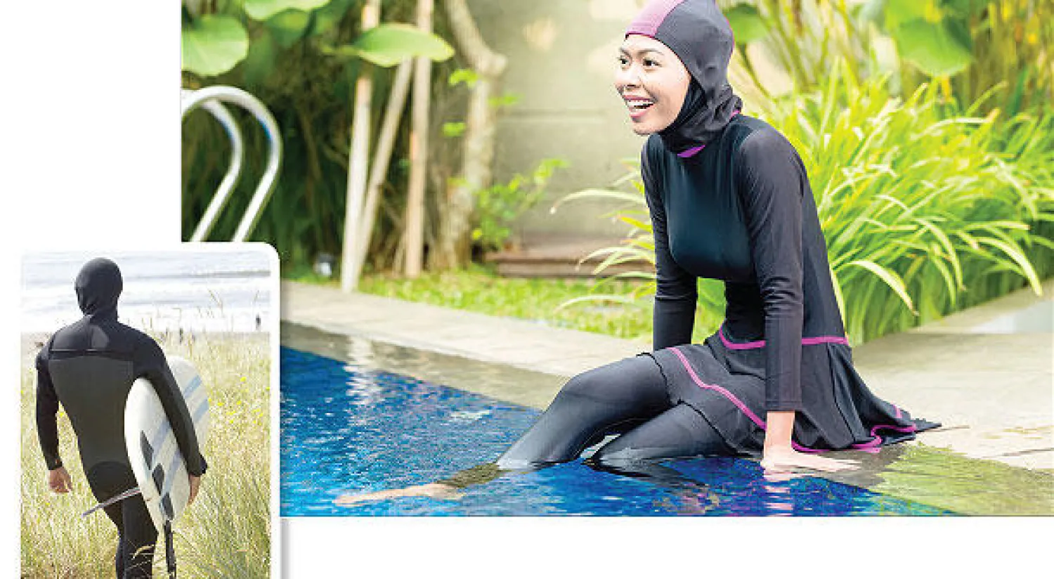 امرأة ترتدي «البوركيني» الذي بدأ منعه في شواطئ مدينة كان - بدلة السباحة للرجال تشبه «البوركيني»