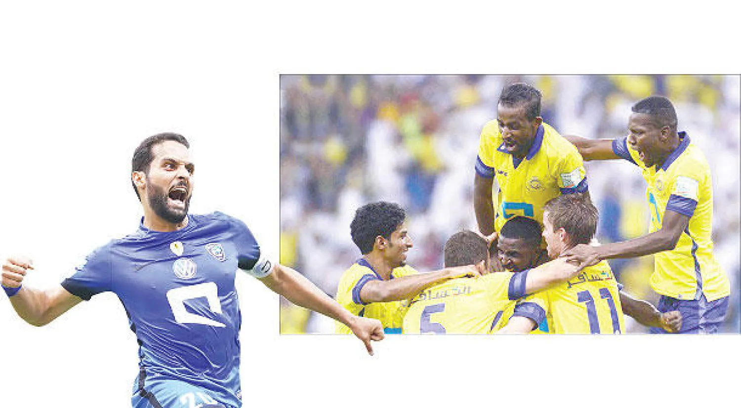 لاعبو النصر يحتفلون بأحد أهدافهم في الفتح (المركز الإعلامي بنادي النصر) - ياسر القحطاني يحتفل بهدفه في شباك الباطن (تصوير: علي العريفي)