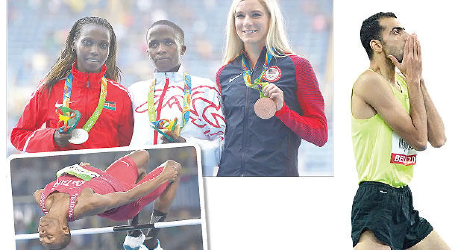 السوري مجد الدين غزال («الشرق الأوسط») - البحرينية روث جيبيت تتوسط الكينية هايفن كاينغ جيبكيموي  «يسار» (فضية)..  والأميركية إيما كوبورن (برونزية) (إ.ب.أ)  - القطري معتز برشم (أ.ف.ب)