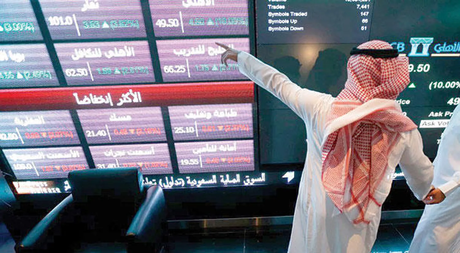 مستثمران يتابعان تحركات أسعار الأسهم في البورصة السعودية (رويترز)