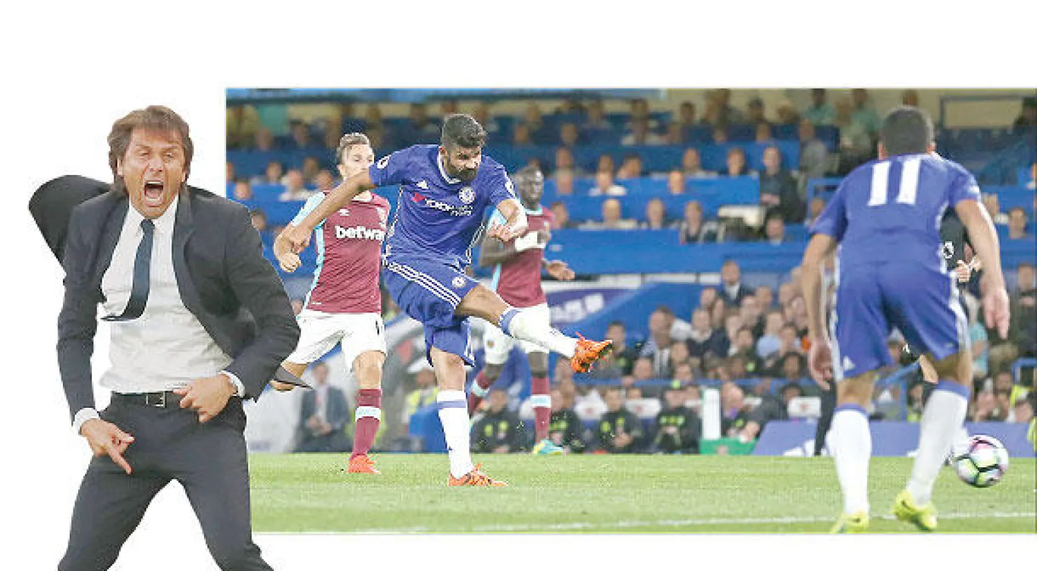 كوستا يسدد ويحرز هدف فوز تشيلسي (أ.ف.ب) - كونتي بعد هدف فوز تشيلسي (رويترز)