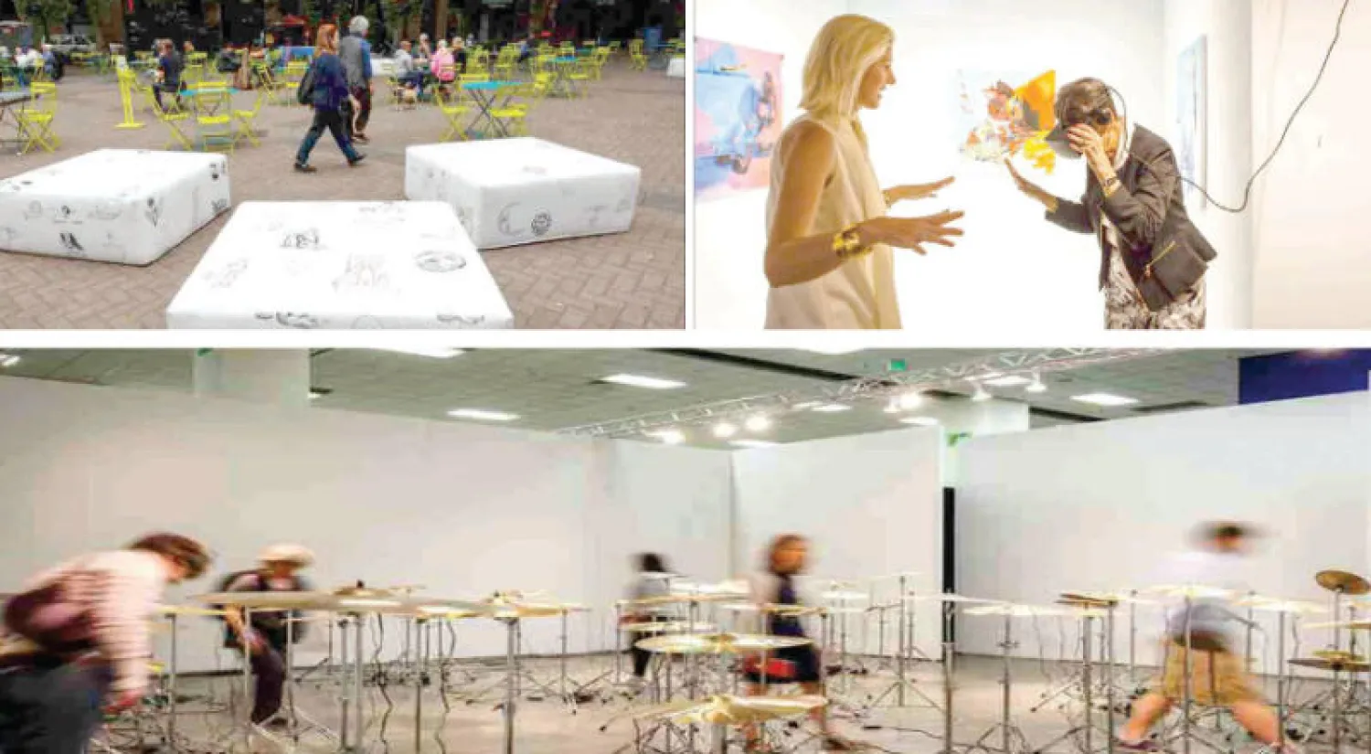 من زوار معرض سياتل الفني (نيويورك تايمز) - أعمال ضمن مشروع للفنان واين غرينوود بعنوان «في الذاكرة» - «تشكيلات النجوم» للفنانة دان كاسبر تستخدم الطبول ومجسات الحركة لتكوين ذبذبات مختلفة بحسب حركة الزوار