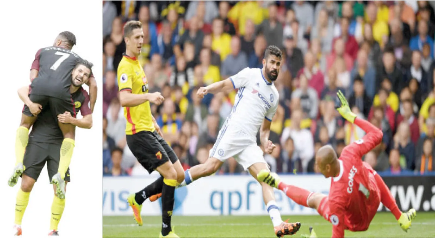 كوستا ينقذ تشيلسي للمرة الثانية في الدقائق الأخيرة (رويترز) - مهاجم سيتي نوليتو يحتفل مع ستيرلينغ بهدفه الثاني (رويترز)