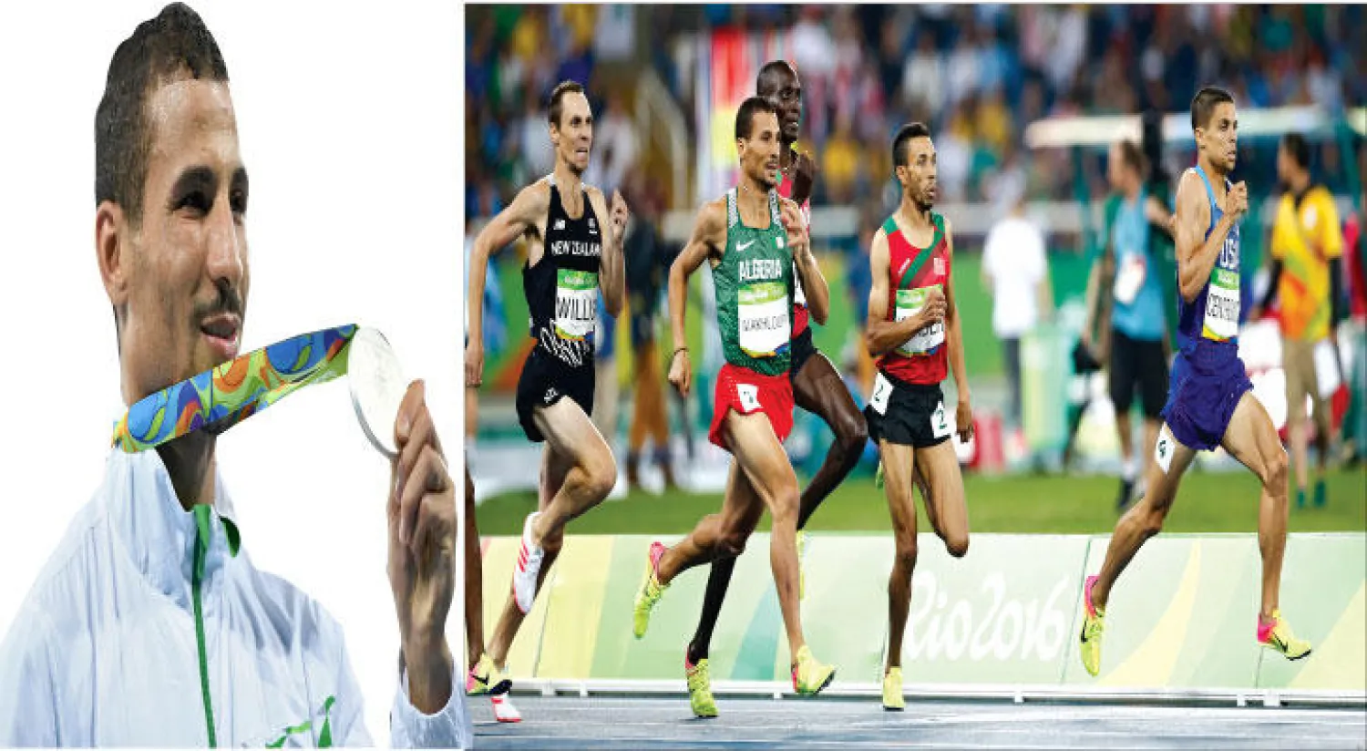 مخلوفي (الثاني من اليسار) حصد فضيته الثانية بـ«ريو 2016» (إ.ب.أ) - مخلوفي مع فضيته في سباق 1500 متر (رويترز)