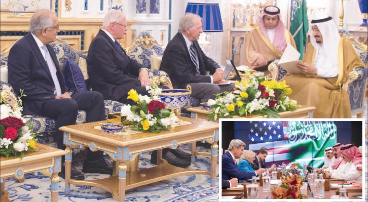 خادم الحرمين الشريفين الملك سلمان بن عبد العزيز خلال استقباله بمكتبه في قصر السلام بجدة أمس، وفدًا أميركيًا من الحزبين الجمهوري والديمقراطي ضم السفير دينيس روس، والسفير جيم جيفري .. وفي الإطار الأمير محمد بن نايف حيث اجتمع بحضور الأمير محمد بن سلمان مع وزير الخارجية الأميركي جون كيري في جدة أمس (واس)