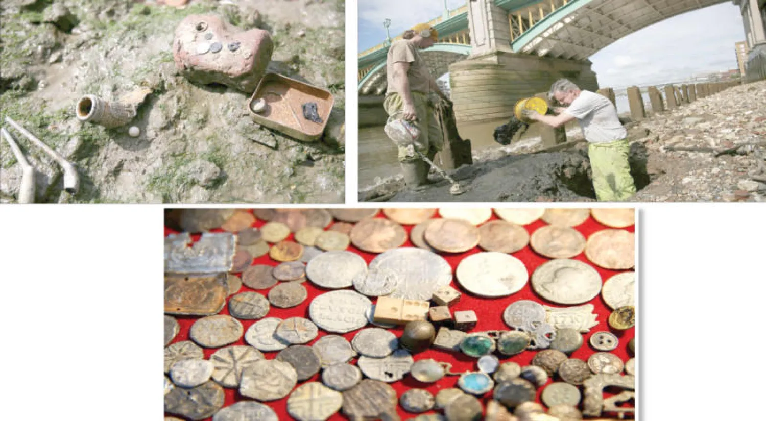 آندي جوهانسن وإيان سميث يمارسان هوايتهما في التنقيب في النهر (رويترز) - بعض المكتشفات التي عثر عليها مؤخرًا (رويترز) - عملات معدنية من عصر التيودور عثر عليها أحد المستكشفين على ضفاف نهر التايمز (رويترز)