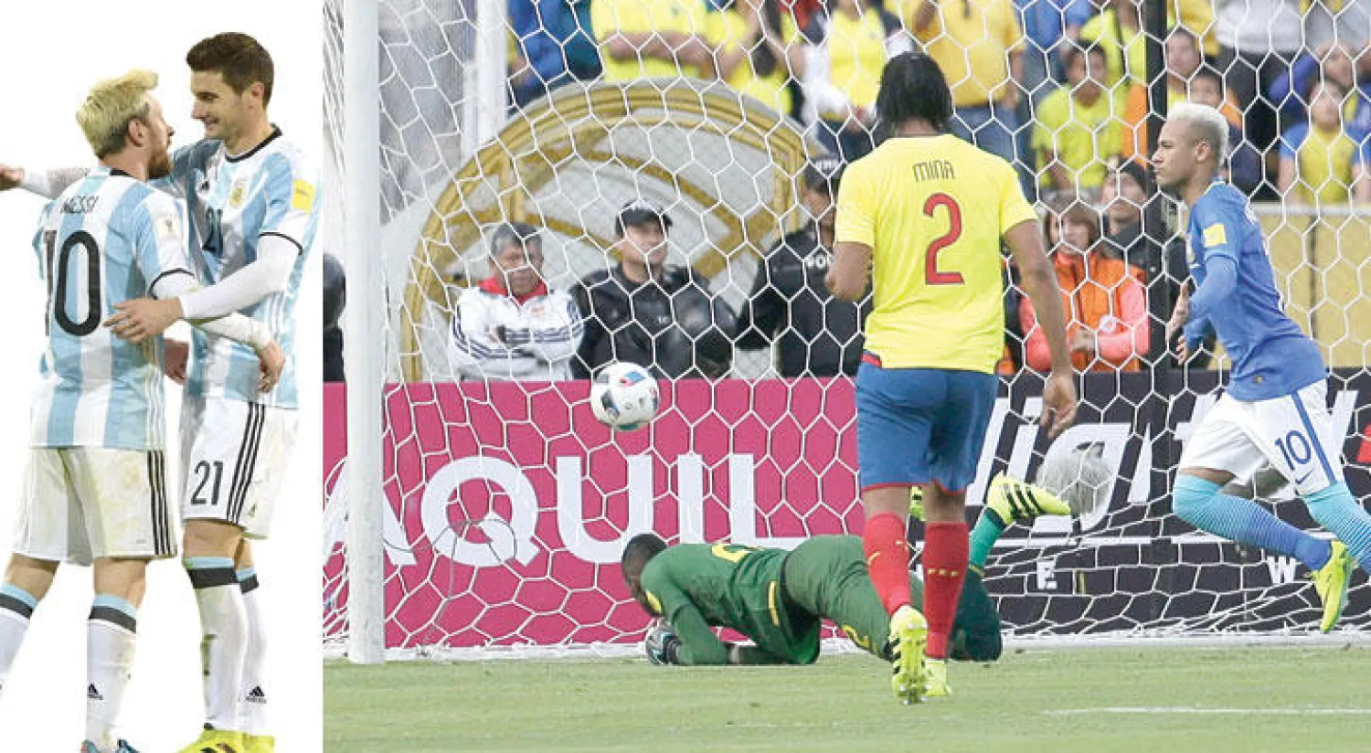 نيمار بعد افتتاحه ثلاثية البرازيل من ضربة جزاء (أ.ب)  -  ميسي برقم قميصه المميز ولوكاس ألاريو في نهاية اللقاء (أ.ف.ب)